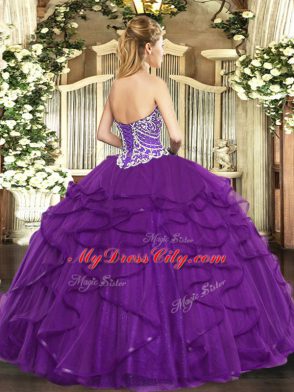 Admirable Purple Ball Gowns Beading and Ruffles Quinceanera Gown Lace Up Tulle Sleeveless Floor Length