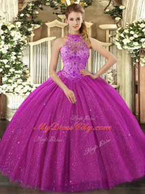 Sleeveless Floor Length Beading and Embroidery Lace Up Vestidos de Quinceanera with Fuchsia