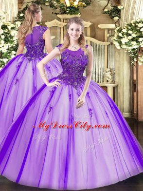 Scoop Sleeveless Zipper Quinceanera Gown Purple Tulle