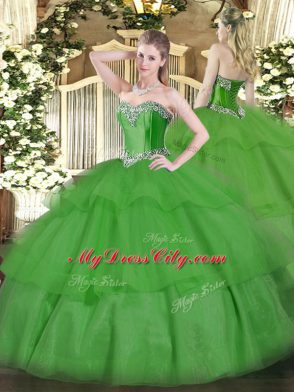Fashion Sweetheart Sleeveless Lace Up Quince Ball Gowns Green Tulle
