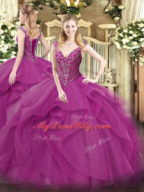 Exquisite Lilac Lace Up V-neck Beading and Ruffles Vestidos de Quinceanera Tulle Sleeveless