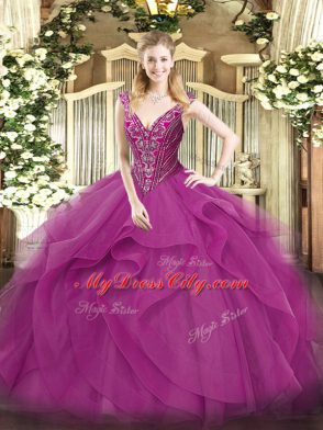 Exquisite Lilac Lace Up V-neck Beading and Ruffles Vestidos de Quinceanera Tulle Sleeveless
