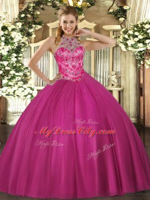Beading Quinceanera Gowns Hot Pink Lace Up Sleeveless Floor Length