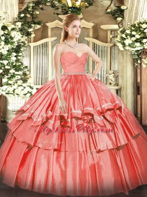 Sexy Watermelon Red Ball Gowns Beading and Lace and Ruffled Layers Vestidos de Quinceanera Zipper Organza Sleeveless Floor Length