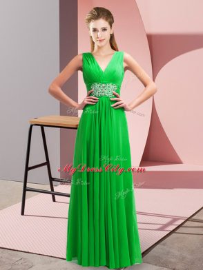 Floor Length Green Prom Party Dress Chiffon Sleeveless Beading and Ruching