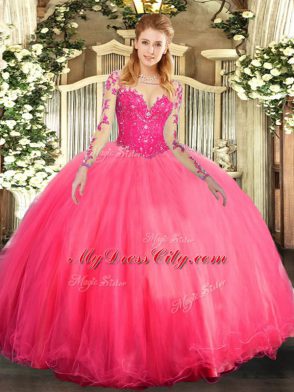 Best Coral Red Tulle Lace Up Scoop Long Sleeves Floor Length Ball Gown Prom Dress Lace