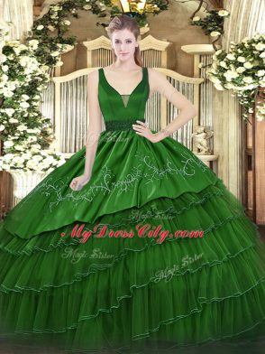 Dark Green Organza and Taffeta Zipper Straps Sleeveless Floor Length Quinceanera Dress Beading and Embroidery and Ruffled Layers
