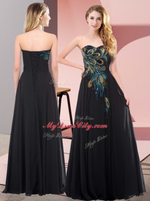 Super Black Prom Gown Prom and Party with Embroidery Sweetheart Sleeveless Lace Up
