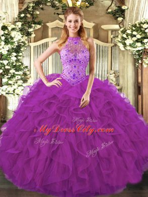 Purple Lace Up Sweet 16 Dress Beading and Ruffles Sleeveless Floor Length