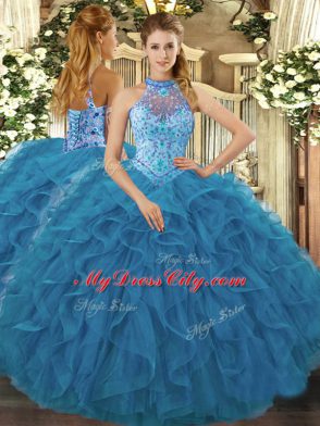 Sleeveless Embroidery and Ruffles Lace Up Quinceanera Gown