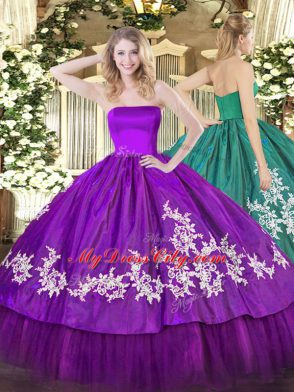 Purple Sleeveless Floor Length Embroidery Zipper Sweet 16 Dress