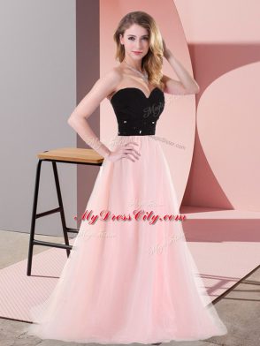Pretty Pink And Black Empire Tulle Sweetheart Sleeveless Belt Floor Length Lace Up Prom Party Dress