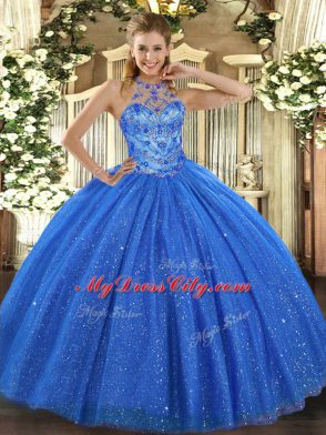 Blue Tulle Lace Up Halter Top Sleeveless Floor Length Quinceanera Gown Beading and Embroidery