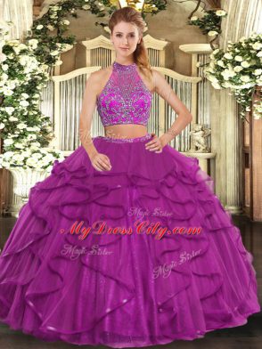 Elegant Beading and Ruffled Layers Sweet 16 Dress Fuchsia Criss Cross Sleeveless Floor Length