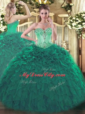 Turquoise Sleeveless Floor Length Beading and Ruffles Lace Up Vestidos de Quinceanera