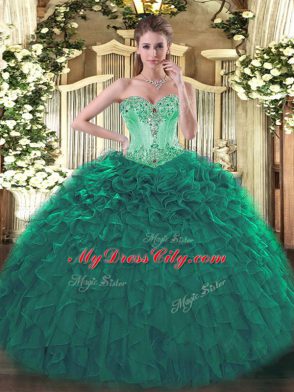 Turquoise Sleeveless Floor Length Beading and Ruffles Lace Up Vestidos de Quinceanera