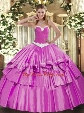 Sleeveless Floor Length Appliques and Ruffled Layers Lace Up 15 Quinceanera Dress with Lilac