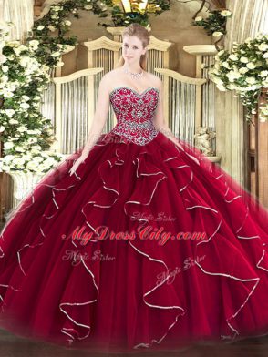 Pretty Floor Length Lace Up Quinceanera Dresses Wine Red for Military Ball and Sweet 16 and Quinceanera with Beading and Ruffles