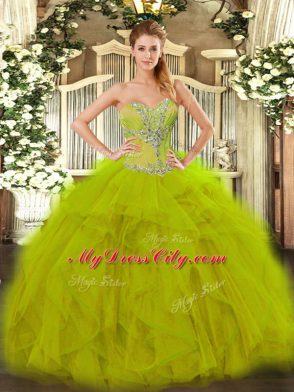 Olive Green Organza Lace Up Sweetheart Sleeveless Floor Length 15 Quinceanera Dress Beading and Ruffles