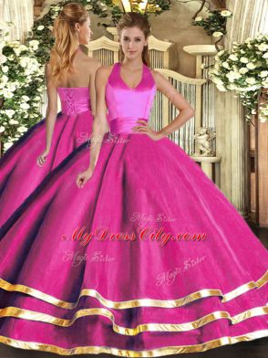 Spectacular Fuchsia Quinceanera Gown Military Ball and Sweet 16 and Quinceanera with Ruffled Layers Halter Top Sleeveless Lace Up