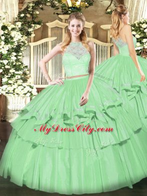 Apple Green Ball Gown Prom Dress Military Ball and Sweet 16 and Quinceanera with Lace and Ruffled Layers Scoop Sleeveless Zipper