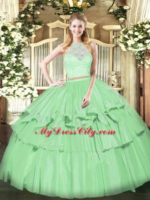 Apple Green Ball Gown Prom Dress Military Ball and Sweet 16 and Quinceanera with Lace and Ruffled Layers Scoop Sleeveless Zipper