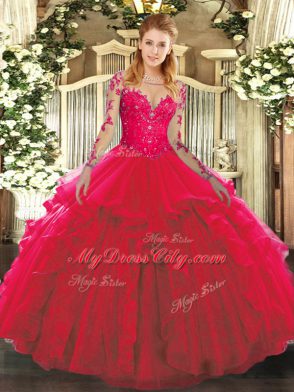 Fancy Red Ball Gowns Tulle Scoop Long Sleeves Lace and Ruffles Floor Length Lace Up Quince Ball Gowns