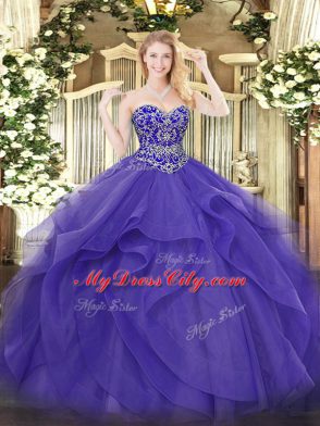 Smart Floor Length Lace Up Sweet 16 Dress Purple for Military Ball and Sweet 16 and Quinceanera with Beading and Ruffles