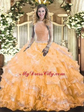Orange Organza Lace Up High-neck Sleeveless Floor Length 15th Birthday Dress Beading and Ruffled Layers