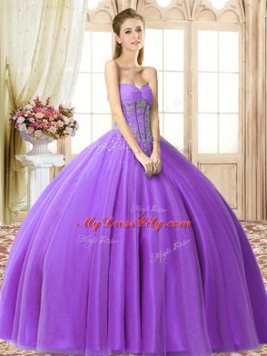 Pretty Eggplant Purple Sleeveless Beading Floor Length Quince Ball Gowns