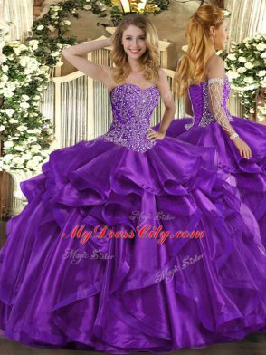 Fine Purple Sleeveless Beading and Ruffles Floor Length Quinceanera Dress