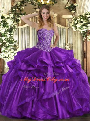 Fine Purple Sleeveless Beading and Ruffles Floor Length Quinceanera Dress