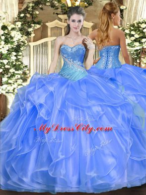Customized Floor Length Baby Blue Vestidos de Quinceanera Organza Sleeveless Beading and Ruffles