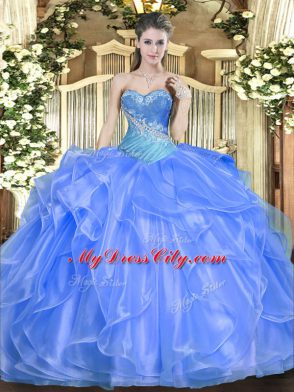 Customized Floor Length Baby Blue Vestidos de Quinceanera Organza Sleeveless Beading and Ruffles