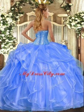Customized Floor Length Baby Blue Vestidos de Quinceanera Organza Sleeveless Beading and Ruffles