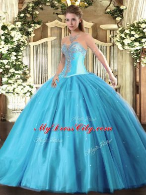 Super Ball Gowns Ball Gown Prom Dress Aqua Blue Sweetheart Tulle Sleeveless Floor Length Lace Up