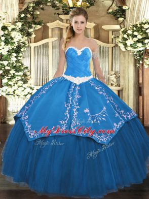 Trendy Blue Sleeveless Appliques and Embroidery Floor Length 15th Birthday Dress