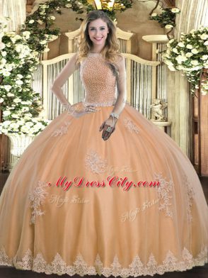 Luxury High-neck Sleeveless 15th Birthday Dress Floor Length Beading and Appliques Peach Tulle
