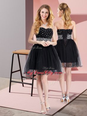 Black Elastic Woven Satin and Tulle Lace Up Sweetheart Sleeveless Mini Length Beading
