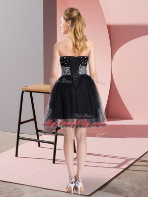 Black Elastic Woven Satin and Tulle Lace Up Sweetheart Sleeveless Mini Length Beading