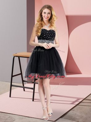 Black Elastic Woven Satin and Tulle Lace Up Sweetheart Sleeveless Mini Length Beading