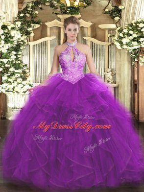 Halter Top Sleeveless Ball Gown Prom Dress Floor Length Ruffles and Sequins Purple Organza