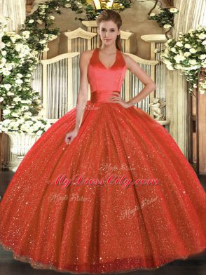 Sequins 15th Birthday Dress Rust Red Lace Up Sleeveless Floor Length