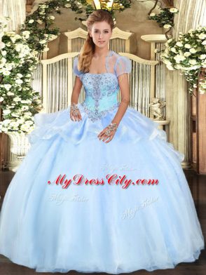Fancy Strapless Sleeveless Lace Up 15 Quinceanera Dress Light Blue Organza