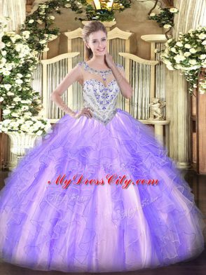 Fine Lavender 15 Quinceanera Dress Military Ball and Sweet 16 and Quinceanera with Beading and Ruffles Scoop Sleeveless Zipper