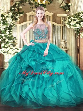 Flirting Floor Length Teal Sweet 16 Dresses Organza Sleeveless Beading and Ruffles