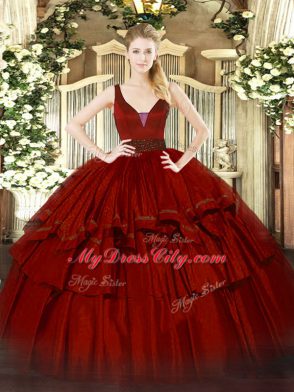 Wine Red Ball Gowns Beading and Ruffled Layers Quinceanera Dress Zipper Organza Sleeveless Floor Length