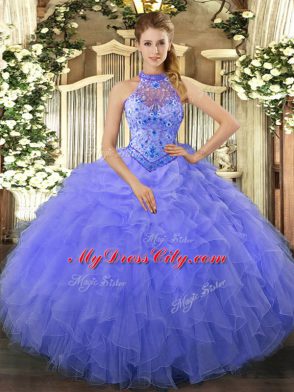 Floor Length Blue 15 Quinceanera Dress Organza Sleeveless Beading and Embroidery and Ruffles