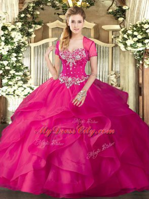 Beauteous Hot Pink Sweet 16 Quinceanera Dress Military Ball and Sweet 16 and Quinceanera with Beading and Ruffles Sweetheart Sleeveless Lace Up