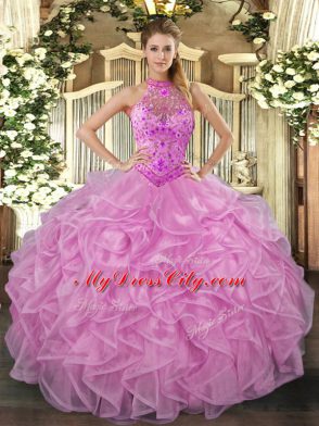 Lilac Ball Gowns Halter Top Sleeveless Organza Floor Length Lace Up Beading and Embroidery and Ruffles Vestidos de Quinceanera